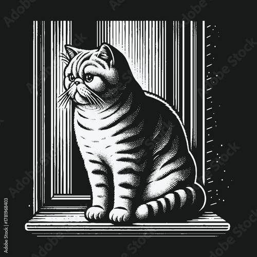 Monochrome graphic illustration of a grumpy Exotic Shorthair cat.