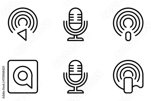 Collection of podcast and audio broadcasting line icons featuring play, microphone, notification, speech bubble, and smartphone elements.