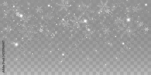 Shiny snowflakes, glitter particles, and glowing stars on transparent background. Beautiful sparkle light for Christmas, winter, or festive decoration.
