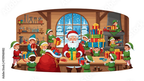 Workshop Wonderland: A jovial workshop scene unfolds as a jolly figure surrounded by industrious helpers meticulously prepares for the season of giving.