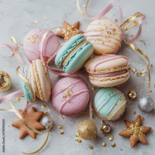 Wallpaper Mural Artistic flat lay composition of colorful macarons and festive gingerbread cookies Torontodigital.ca