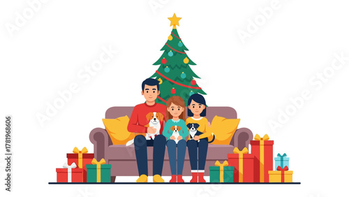 Photos Joyful Family Moments: A cheerful family is gathered in front of a decorated tree and colorful presents, embracing the holiday spirit with their cherished pets