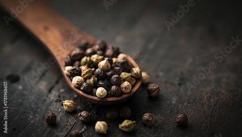 Aromatic Spheres in Wooden Scoop. Textures and Tones of Rustic Still Life, Delicate Lighting.