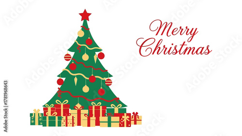 Christmas Greetings: A festive illustration showcasing a decorated evergreen tree, surrounded by colorful wrapped gifts, embodying the warmth and cheer of the holiday season. 