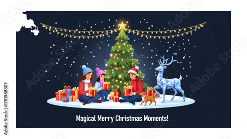 Magical Christmas Moments: Gathering family to share in the joy of the holiday season, with a beautifully decorated tree, glowing lights, and a gentle snowfall, creating a scene of warmth and cheer.