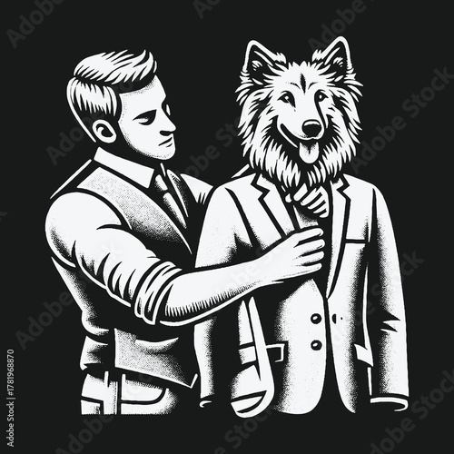 A dapper man assists an anthropomorphic collie dog with its formal suit and tie.