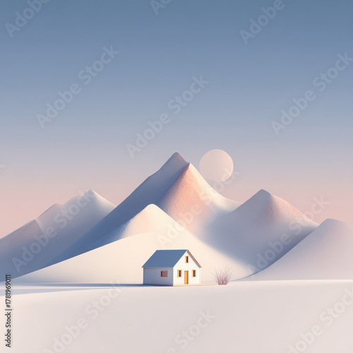 Wallpaper Mural Minimalist winter holiday travel scene, cozy cabin in snowy mountains, simple shapes, soft pastel colors, clean composition, Scandinavian style, serene mood Torontodigital.ca