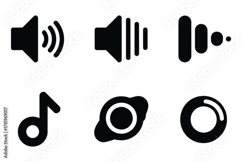 Set of black audio and sound control icons, featuring speaker, volume up, volume down, mute, music note, and sound wave symbols for user interfaces
