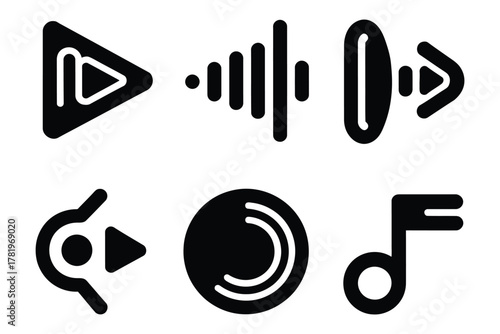 Black vector icon set for media playback controls, audio sound waves, music notes, user interface elements, and digital graphic illustration.