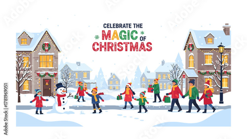 Holiday Magic: Festive illustration of a charming winter scene, where families and individuals relish the enchantment of the holiday season, complete with houses and cheerful decorations. 