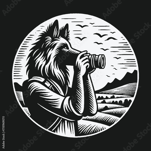 Anthropomorphic wolf explorer observing a scenic landscape with binoculars.