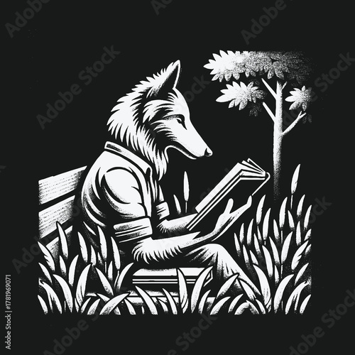 Anthropomorphic wolf character reading a book on a park bench.