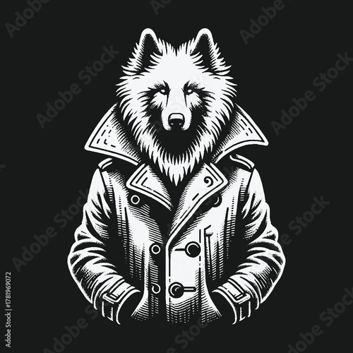 Monochrome graphic illustration of a cool wolf wearing a trench coat.