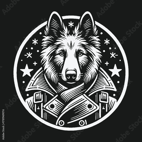 Monochrome linocut style illustration of a dog wearing a coat.