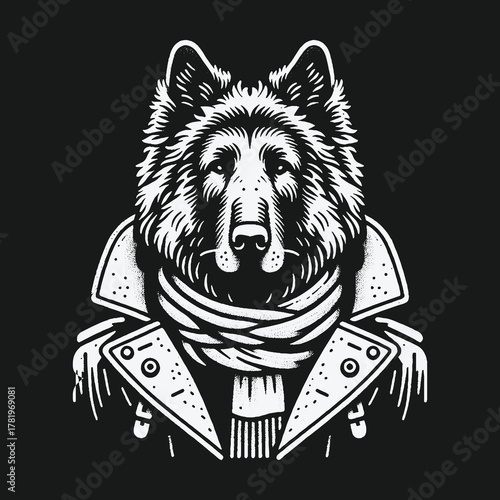 Monochrome graphic illustration of a cool wolf character.