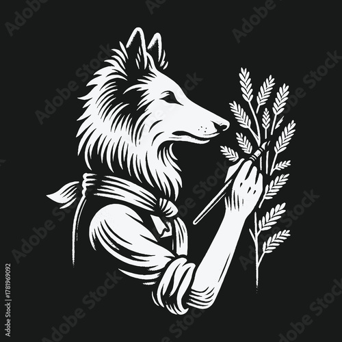 Anthropomorphic wolf artist painting a stalk of wheat illustration.