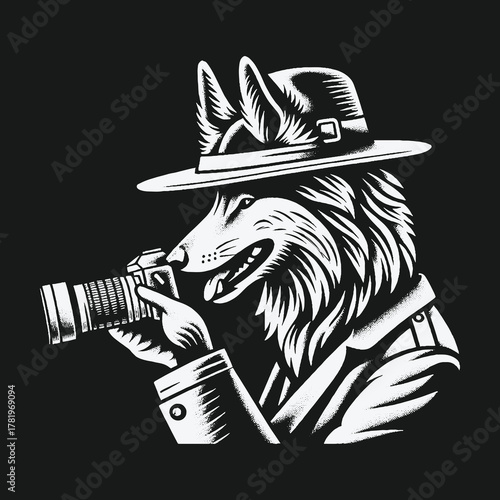 Anthropomorphic Wolf Detective Photographer in a Fedora Hat.