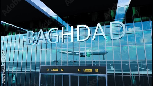 Airlane landing at Baghdad. Arrival in the city with reflection of airport and aircraft