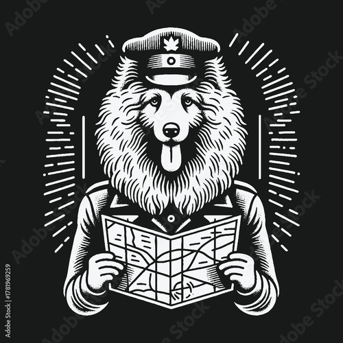 Vintage black and white illustration of a dog captain navigating with a map.