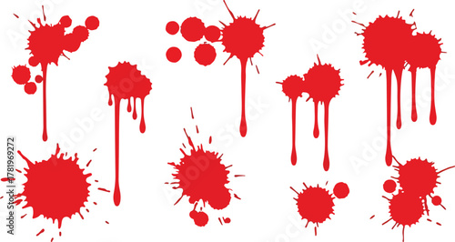 Splatters of red liquid resembling blood in various shapes and sizes some with drips and droplets