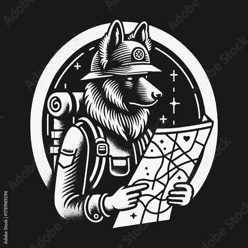 Black and white graphic illustration of a wolf adventurer navigating with a map.