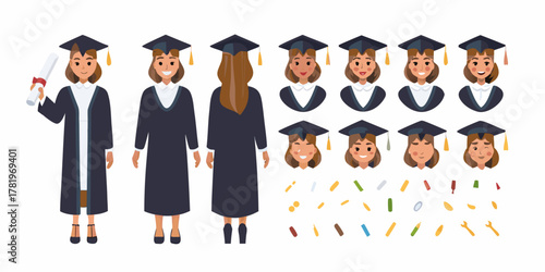 Female graduate character creator kit with different expressions and accessories
