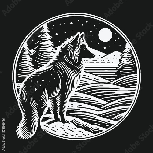 Monochrome wolf illustration in a circular night landscape.