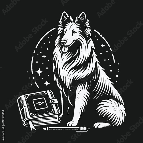 Wise Collie dog sitting with a magical book under a starry arch.