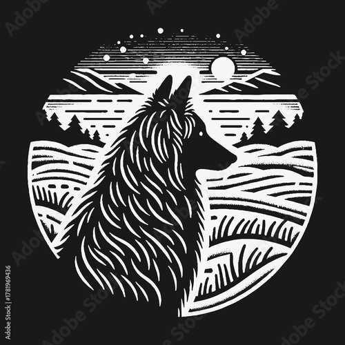 Black and white woodcut illustration of a wolf in a night landscape.