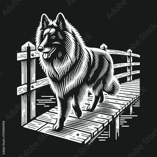 Black and white woodcut illustration of a Belgian Shepherd dog standing on a wooden bridge.