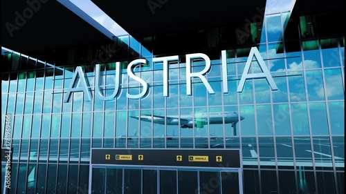 Airlane landing at Austria. Arrival in the city with reflection of airport and aircraft