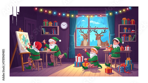 Elves Preparing for Holiday Cheer: A cozy room is filled with festive elves busily preparing for the holiday season, painting and wrapping gifts, as reindeer gaze from the snowy window.