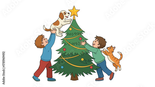 Festive Family: Children and pets collaborate to decorate a Christmas tree, radiating the warmth and excitement of the holiday season.