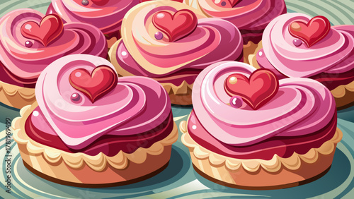 Very beautiful close-up of heart-shaped cakes topped with pink cream, featuring soft frosting, delicate texture, warm natural light, and a realistic romantic dessert presentation.