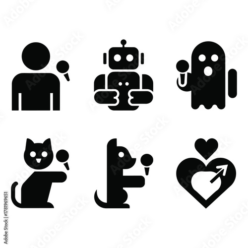 Minimalist flat black icon set featuring a person, robot, ghost, cat, dog, and heart with microphones, illustrating diverse voice communication and entertainment.