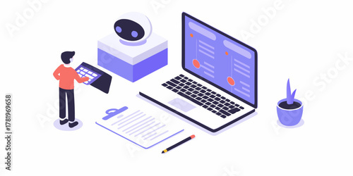 Man interacting with robot and laptop in modern isometric office workspace