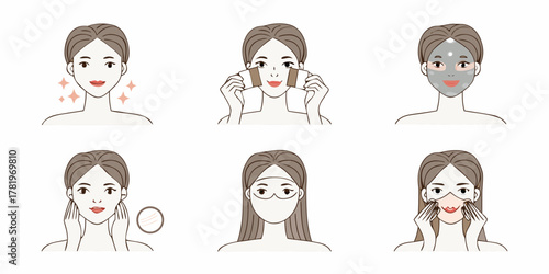 Woman s skincare routine steps illustrated with clean line art and simple colors