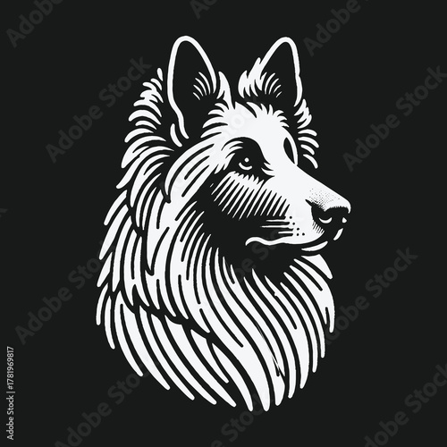 Elegant black and white vector portrait of a German Shepherd dog.