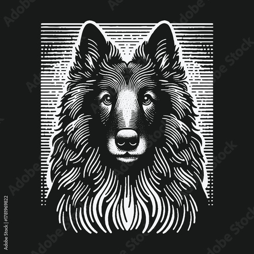 Majestic Belgian Shepherd Dog in a Graphic Linocut Style.