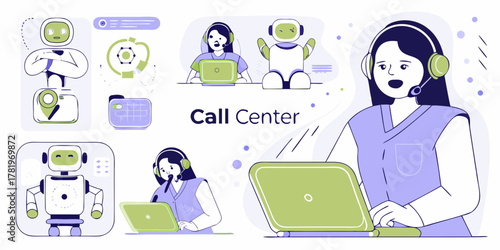Call center illustration featuring human operators and robots providing customer service and technical support