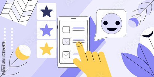 Customer feedback and rating system with a hand interacting with a checklist on a mobile device
