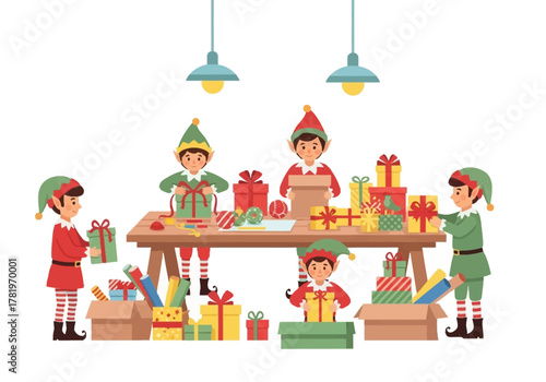 Christmas Elves Wrapping Gifts in Workshop Holiday Preparation.