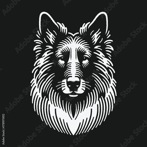 Black and white graphic vector illustration of a Collie dog head.