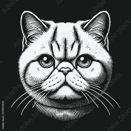 Exotic Shorthair cat head portrait black and white illustration.