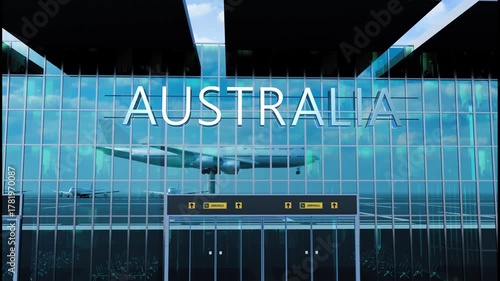 Airlane landing at Australia. Arrival in the city with reflection of airport and aircraft