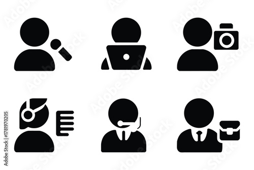 Diverse professional occupation icons set featuring reporter, laptop user, photographer, operator, customer support agent, and businessman silhouettes.