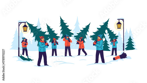 Holiday Tree Haul: Festive individuals cheerfully transport Christmas trees through a snowy landscape, illuminated by the warm glow of lamplights, capturing the spirit of winter holiday season.