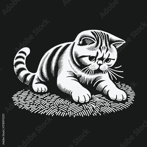 Black and white engraving style illustration of a playful exotic shorthair kitten.
