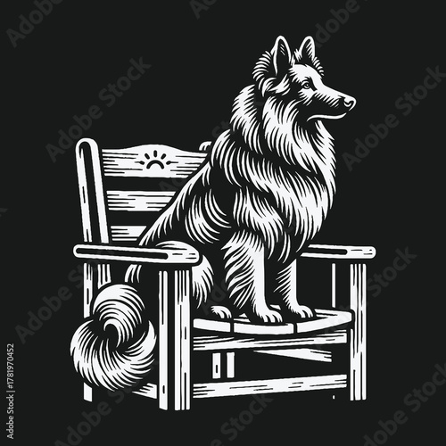 A majestic long haired dog sits proudly on a rustic wooden chair in a black and white illustration.