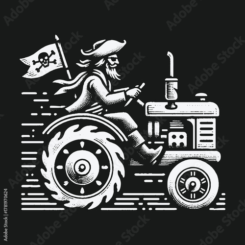 A humorous pirate captain driving a vintage farm tractor with a Jolly Roger flag.
